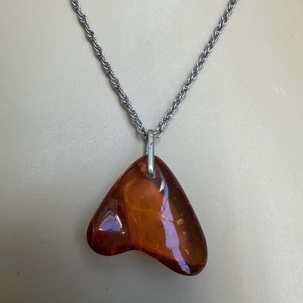 Vintage Pendant Necklace 18 Inch Baltic Amber Gem Polished 925 Sterling 6.9g